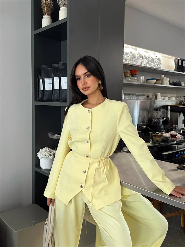 Belden Bağlamalı Bisiklet Yaka Ceket  - Limon Sarısı