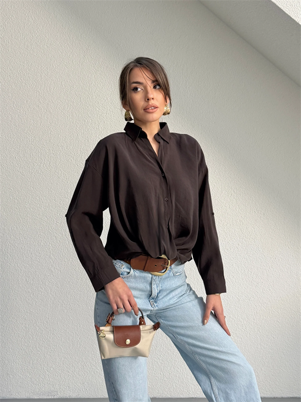 Önü Burgulu Modal Gömlek - Kahve