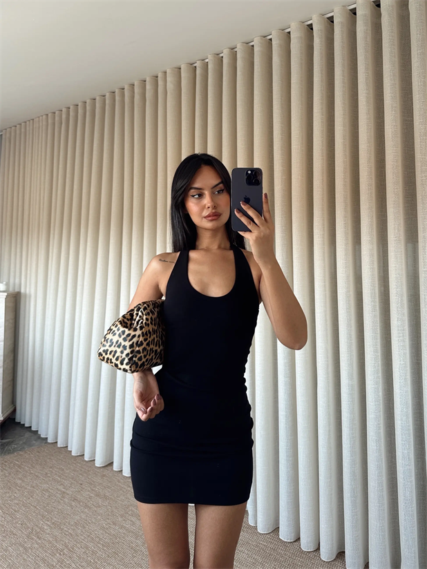 Boyundan Geçmeli Elbise - Siyah