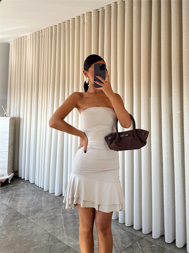 Scuba Kumaş Alt Fırfır Straplez Elbise - Taş