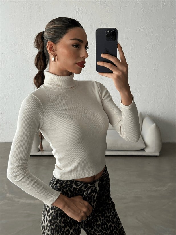 Balıkçı Yaka Fitilli Bluz Krem - Krem