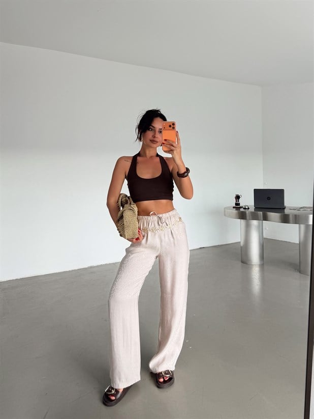 Desenli Parlak Keten Pantolon - Taş