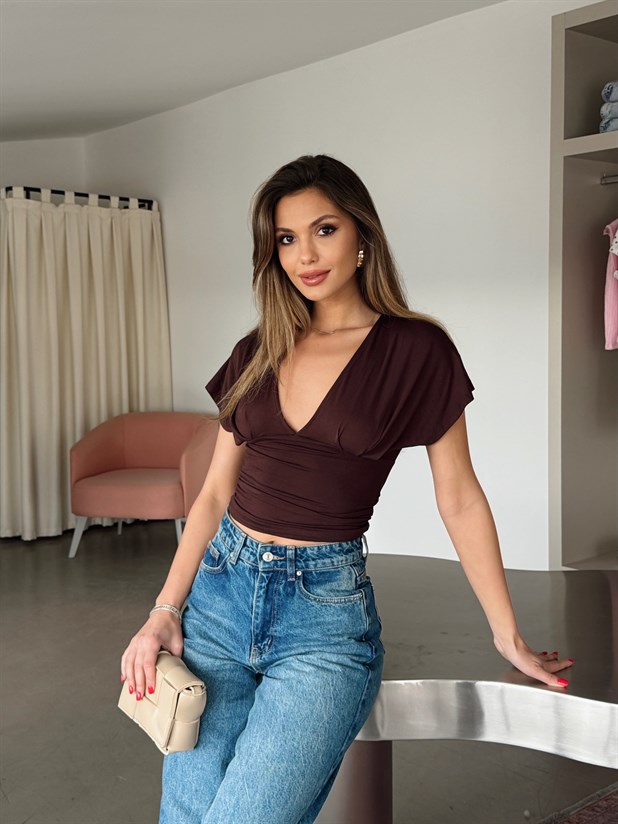 V Yaka Dökümlü Bluz - Kahve