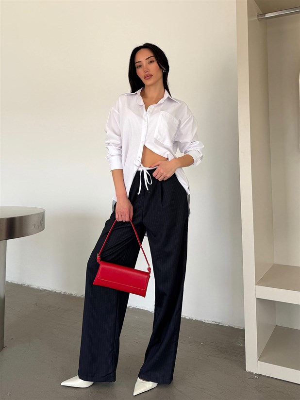 Bel Bağcık Çizgili Palazzo Pantolon - Lacivert 