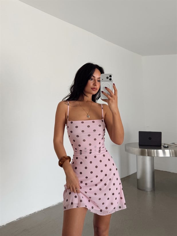 Drapeli Puantiye Mini Elbise - Pembe