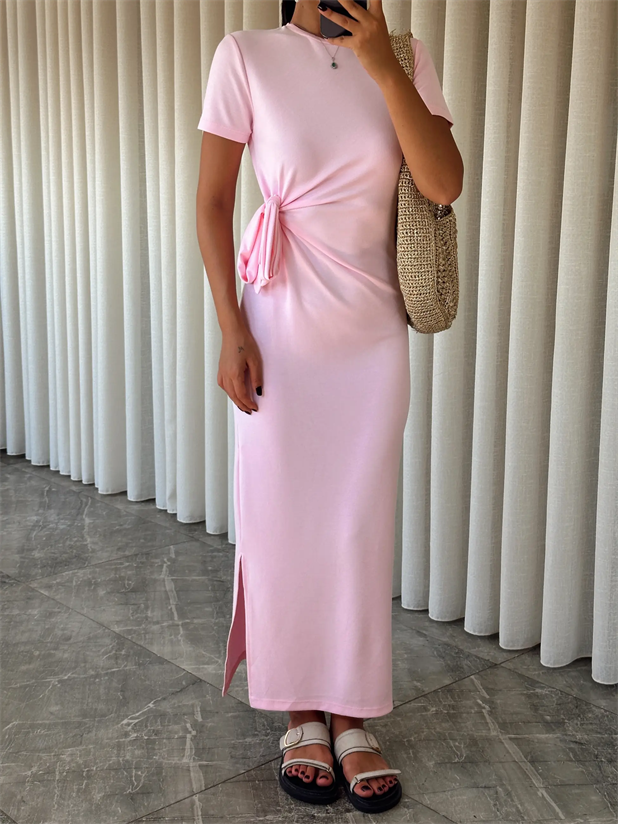 Bağlamalı Modal  Kumaş Elbise - Pembe