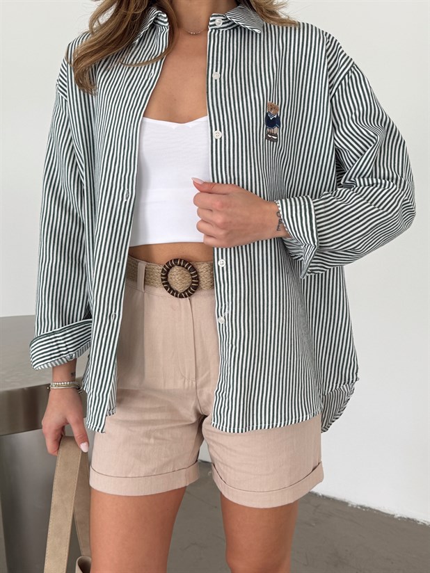 Bear Nakışlı Çizgili Gömlek - Haki Yeşil