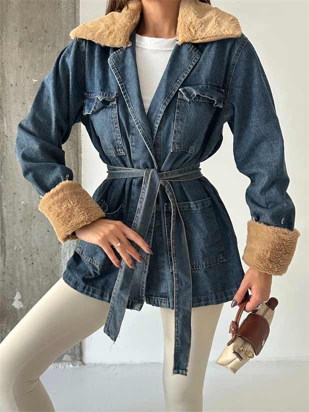 Yakası Kürklü Denim Ceket - Lacivert