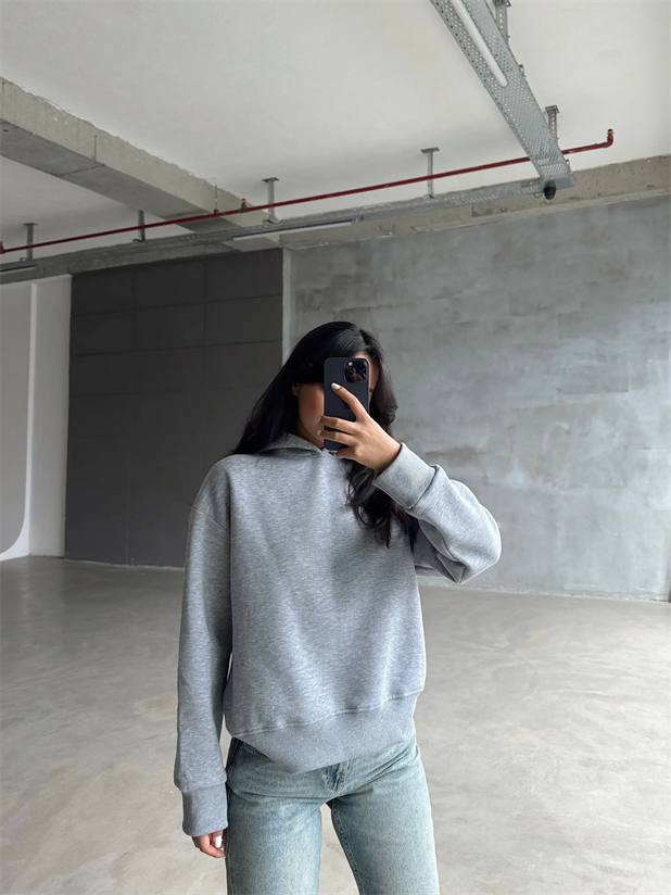 Kapüşonlu Sweatshırt Gri Melanj - Gri