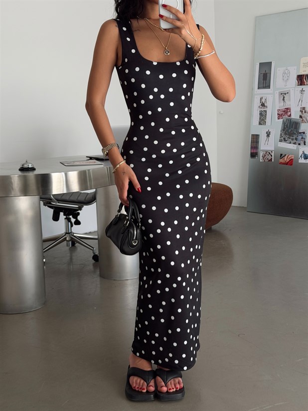 Halter Yaka Puantiyeli Maxi Elbise - Siyah