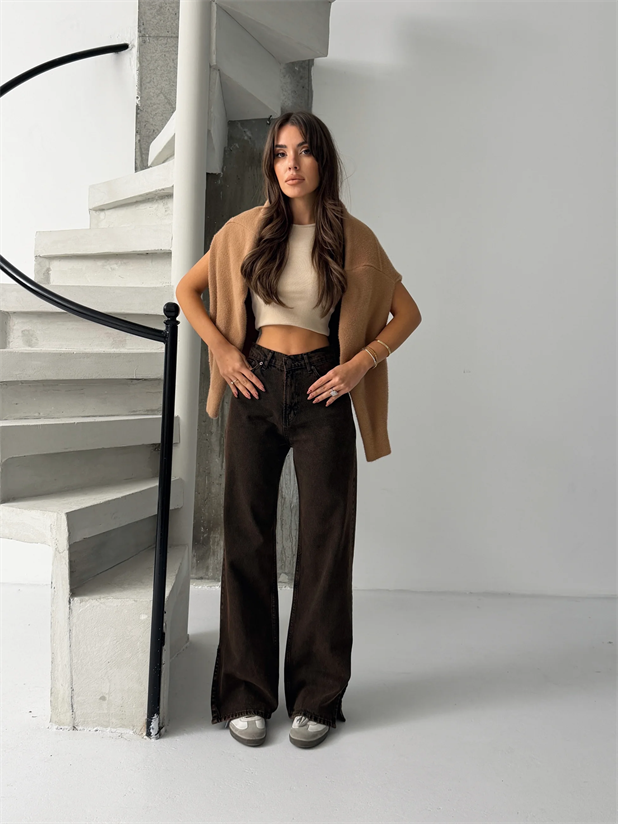 Paçası Yırtmaçlı Jean  - Kahve Yıkama