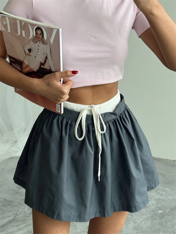 Beli Ribana Detay Mini Etek - Füme