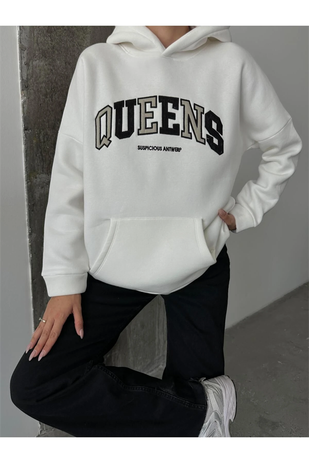 Queens Üç İplik Kapüşonlu Oversize Sweat Beyaz - Beyaz