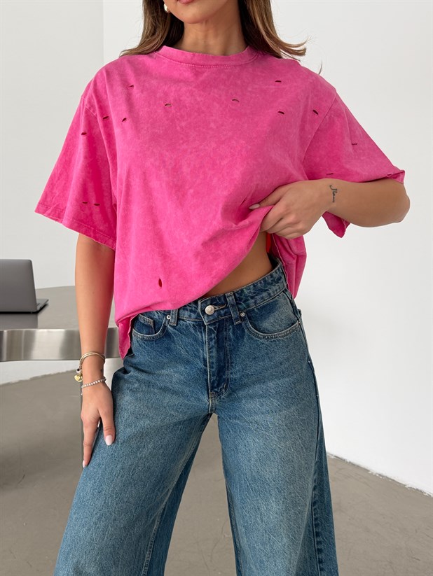 Delikli Yıkama T-shirt - Pembe