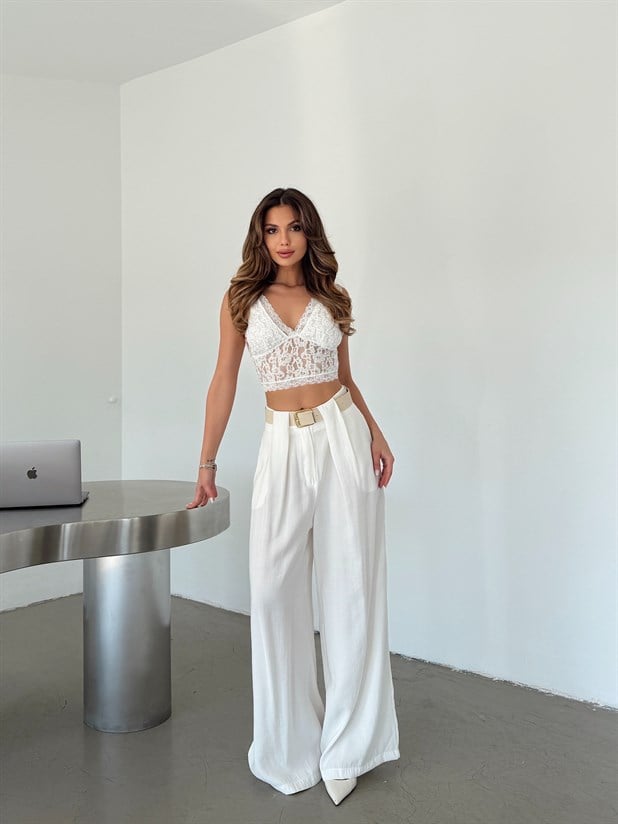 Geniş Kemerli Modal Pantolon - Beyaz