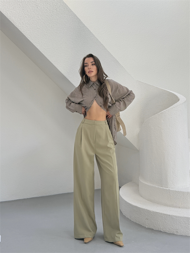 Çift Pileli Palazzo Pantolon - Çağla Yeşili