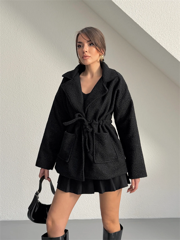 Kuşaklı Buklet Kaban  - Siyah