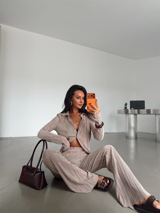 Piliseli Gömlek Pantolon Takım - Taş