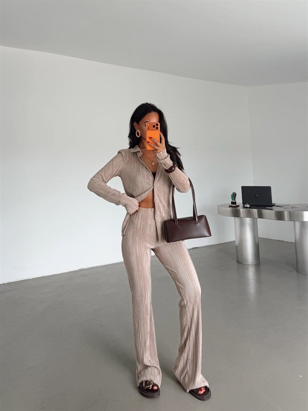 Piliseli Gömlek Pantolon Takım - Taş