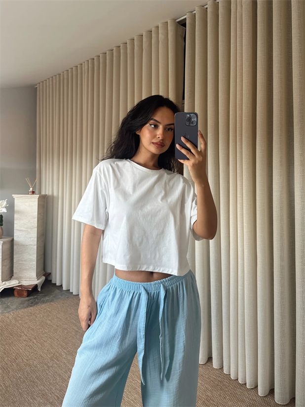 Düz Kısa Kol Crop Basic - Beyaz