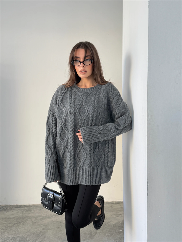 Saç Örgü Desenli Yıkamalı Triko - Antrasit