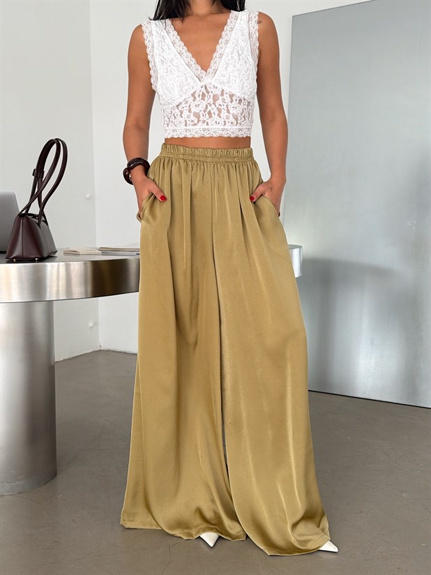 Bol Paça Saten Pantolon - Yağ Yeşili