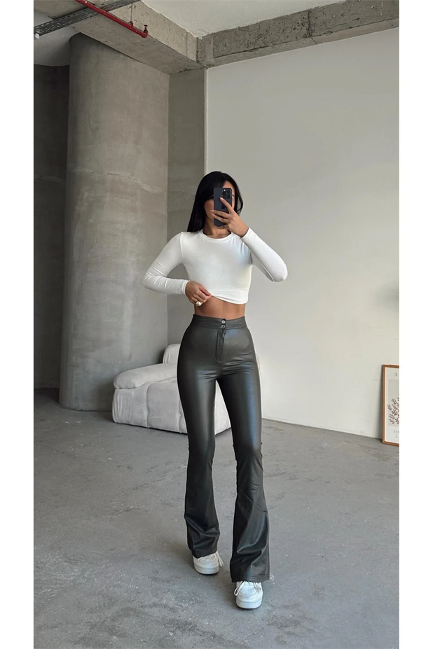 Çift Düğme Deri İspanyol Paça Pantolon Haki Yeşil - Haki Yeşil