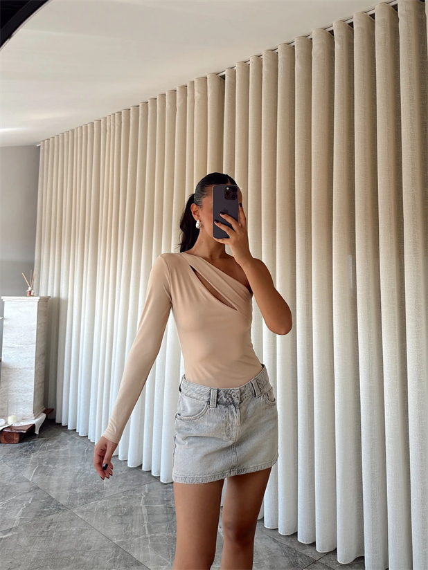 Sabrina Tek Kol Bodysuit Bej - Bej