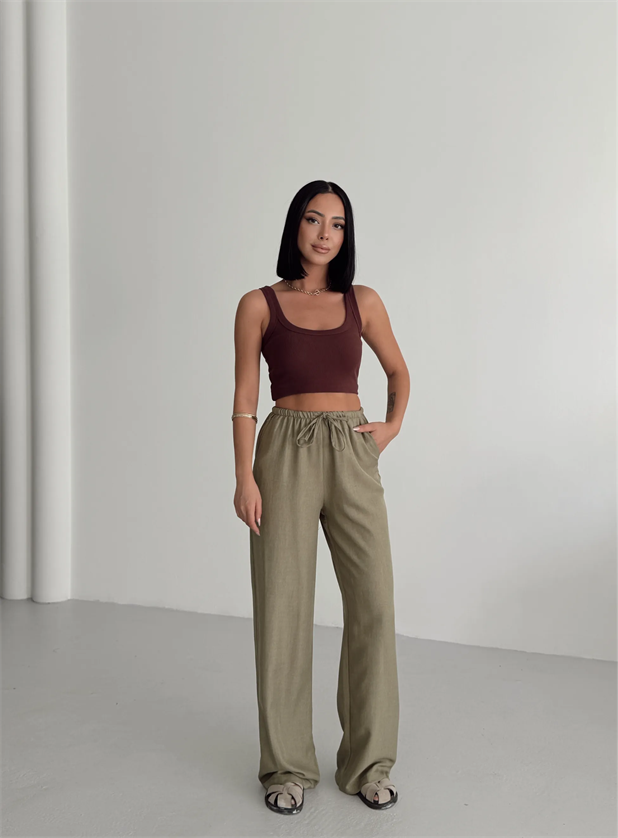 Beli İnce Lastikli Keten Palazzo - Haki