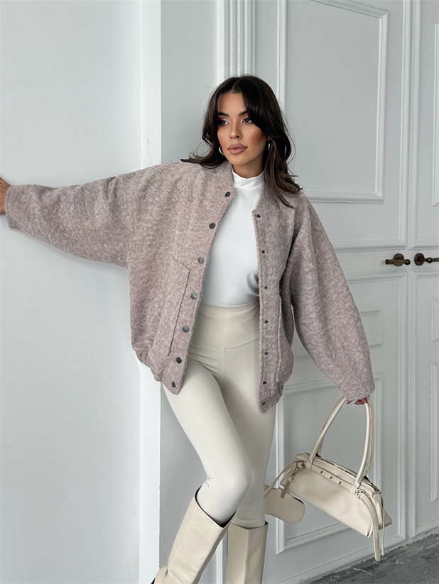 Kırçıllı Kaşe Mont - Pudra Pembe