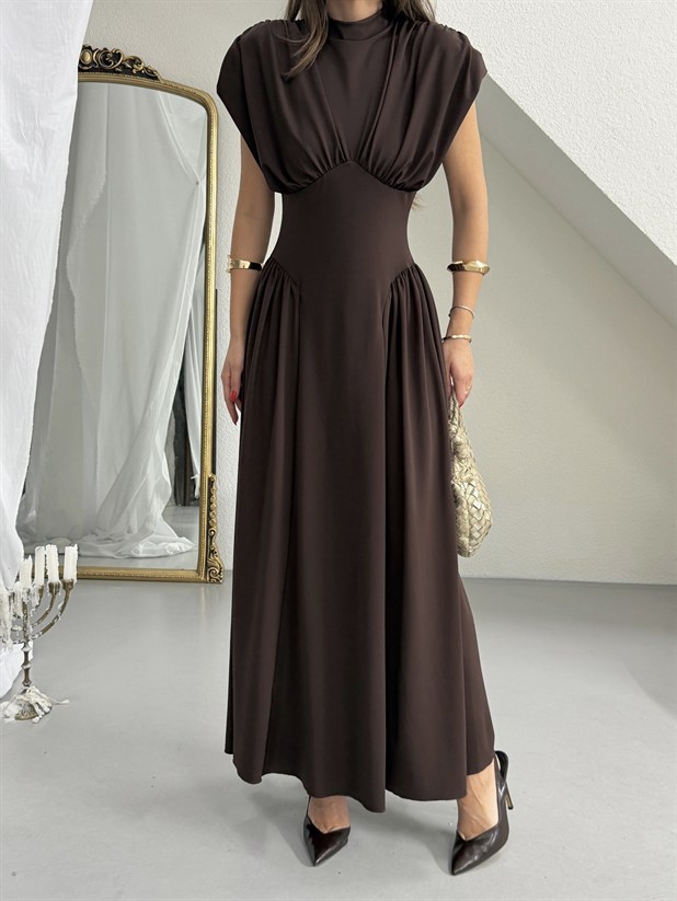 Korse Detaylı Drapeli Elbise - Kahve