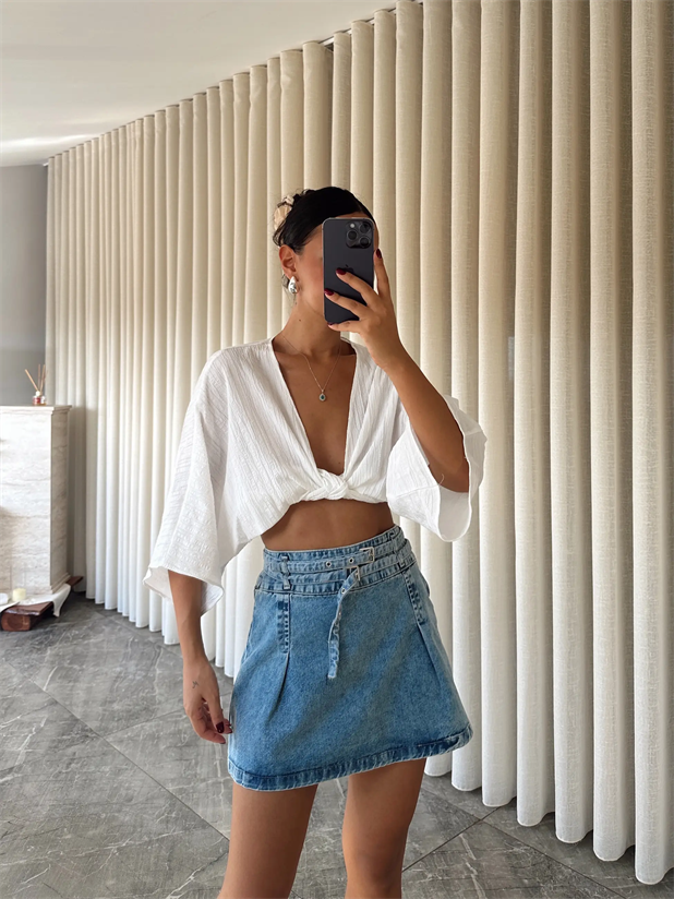 Pileli Denim Etek Mavi - Mavi