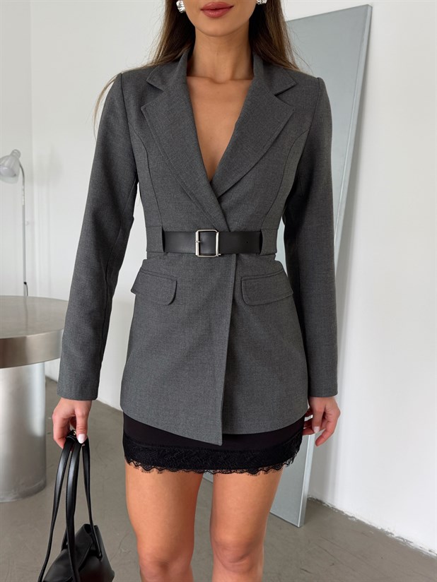 Poliviskon Kemerli Blazer Ceket - Antrasit