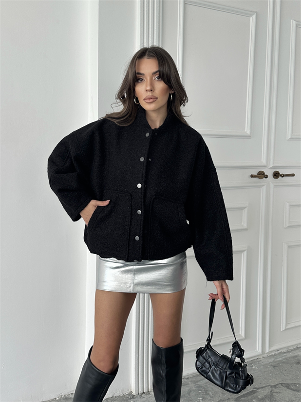 Kırçıllı Kaşe Mont - Siyah