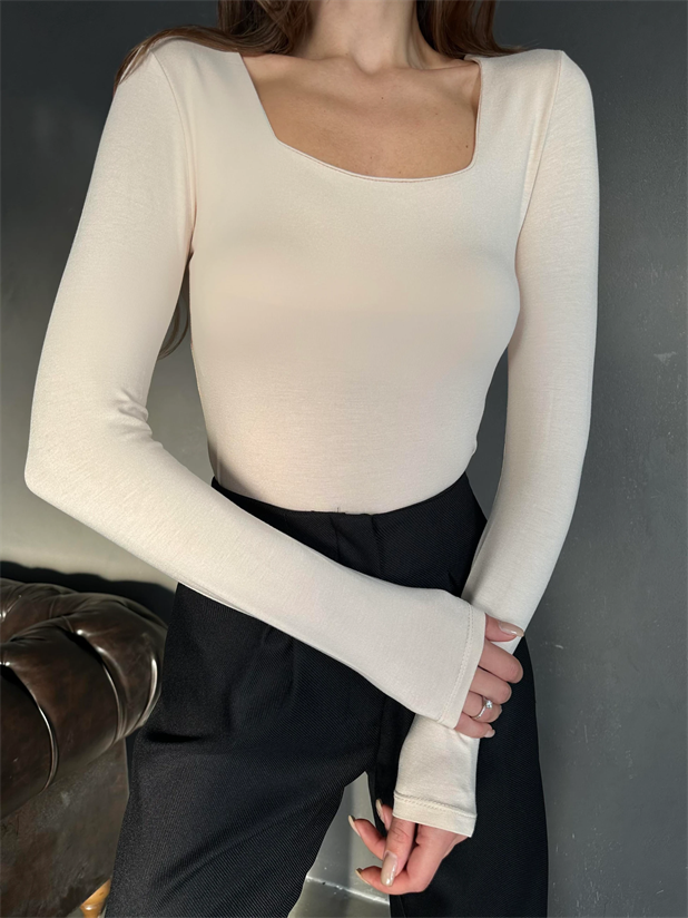 Kare Yaka Basic Bluz Bej - Bej