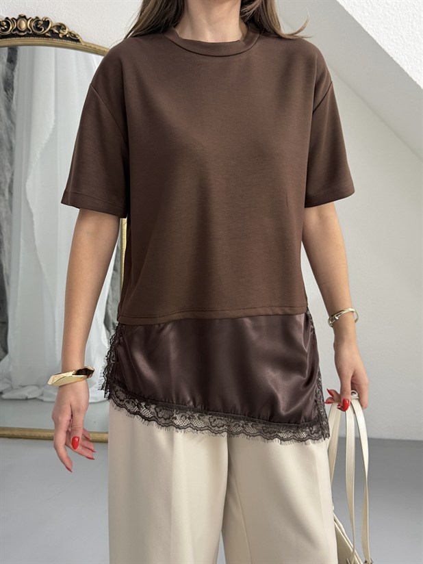 Altı Saten Dantel Basic - Kahve