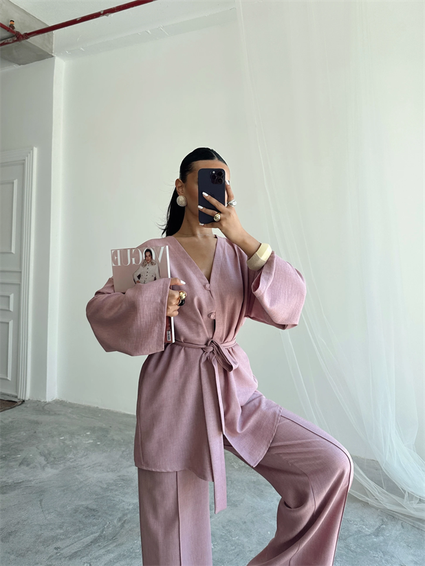 Düğme Detay Kuşaklı Kimono Takım - Pudra Pembe