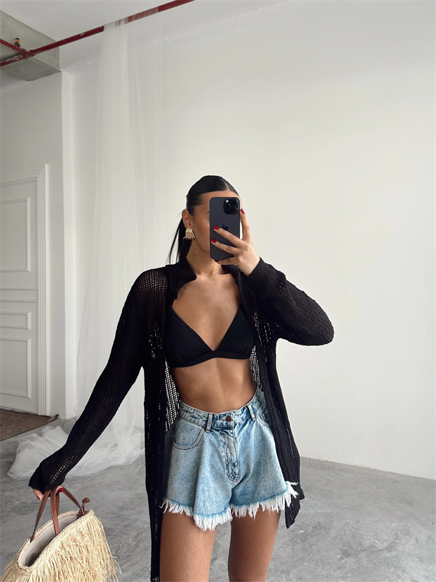 Beyli Ajur Polo Yaka Hırka Siyah - Siyah