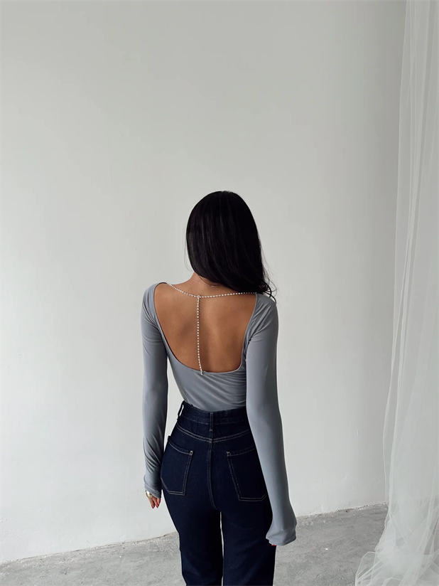 Mia Diamond Detay Bodysuit Gri - Gri