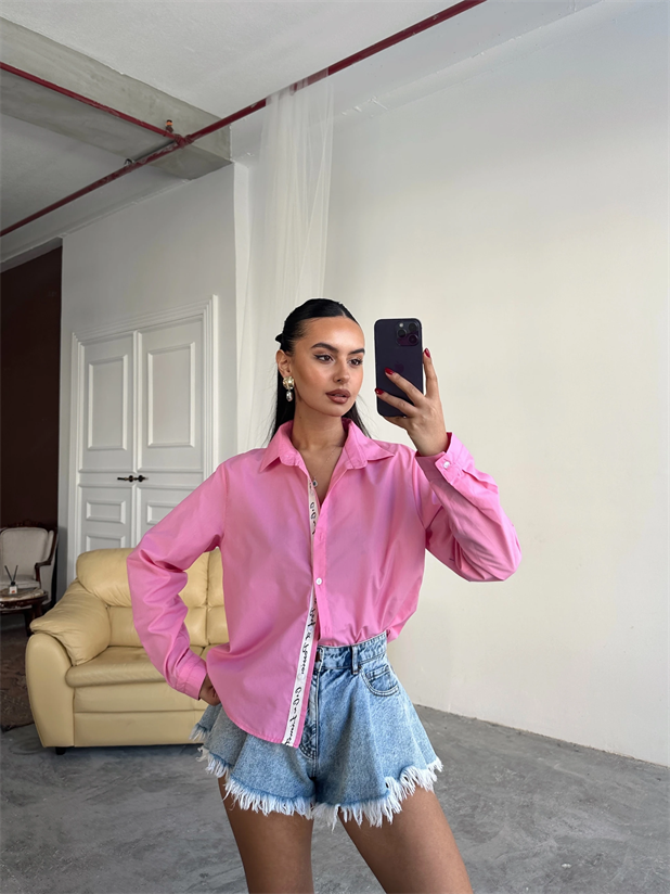 Kol Ve Pat Şerit Crop Gömlek - Pembe