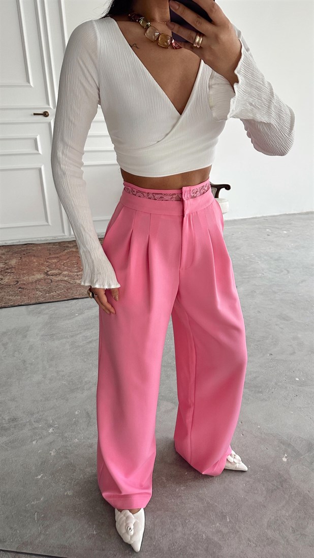 Kemeri Dantel Detaylı Palazzo Pantolon  - Pembe