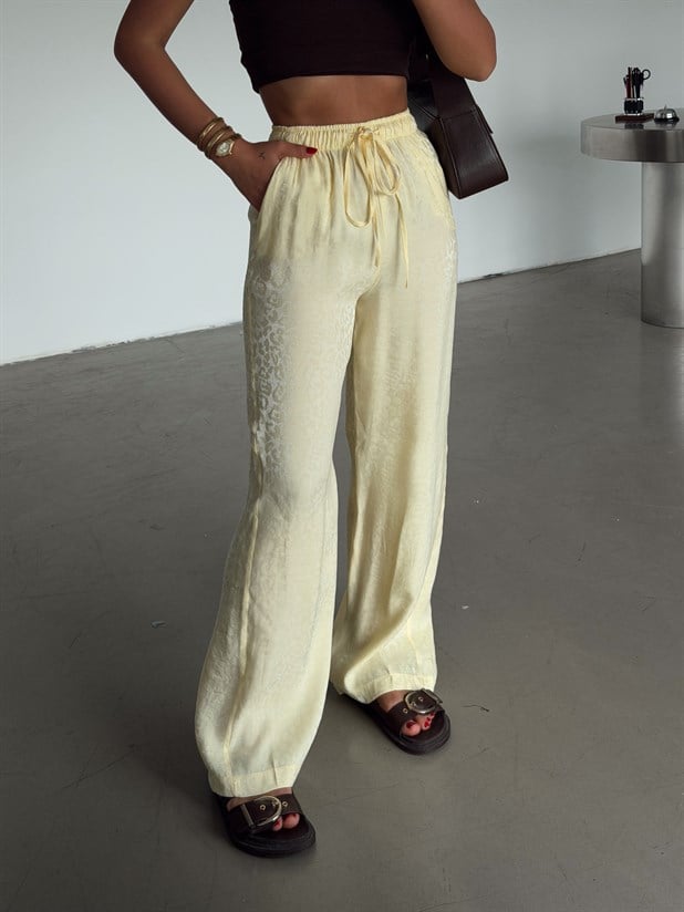 Desenli Parlak Keten Pantolon - Sarı