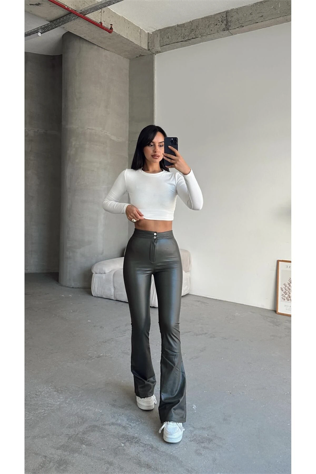 Çift Düğme Deri İspanyol Paça Pantolon Haki Yeşil - Haki Yeşil