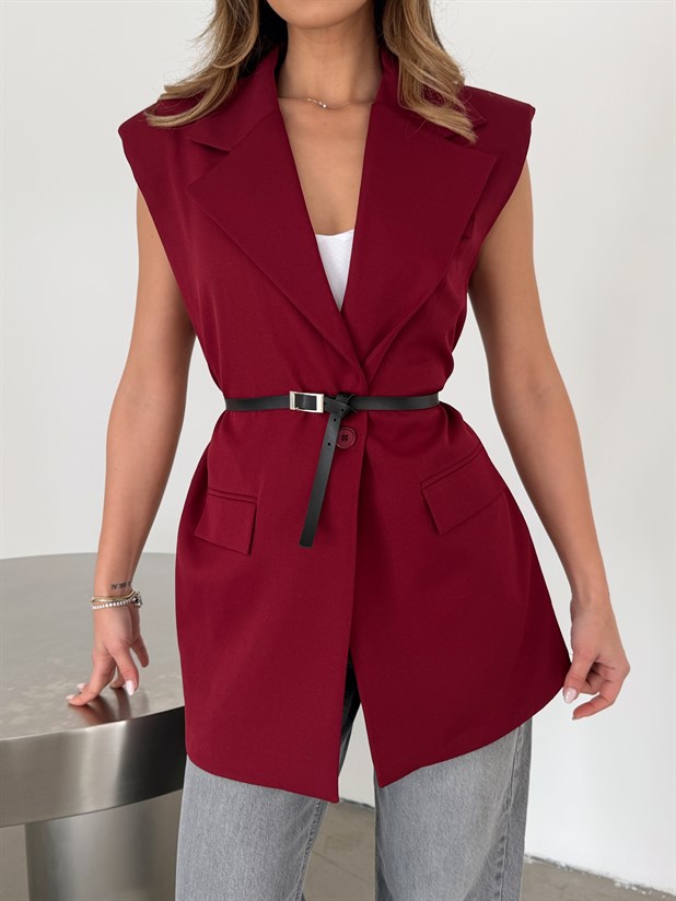 Deri Kemerli Yelek - Bordo