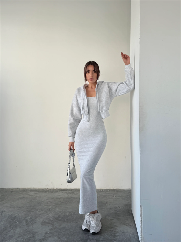 Fermuarlı Sweat Elbise Takım  - Gri