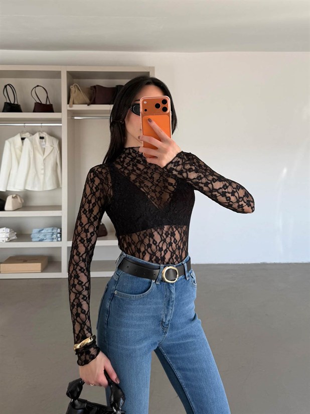 Dik Yaka Dantel Bluz - Siyah