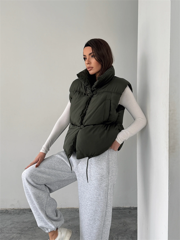 Düğmeli Yan Cep Detay Şişme Yelek - Haki