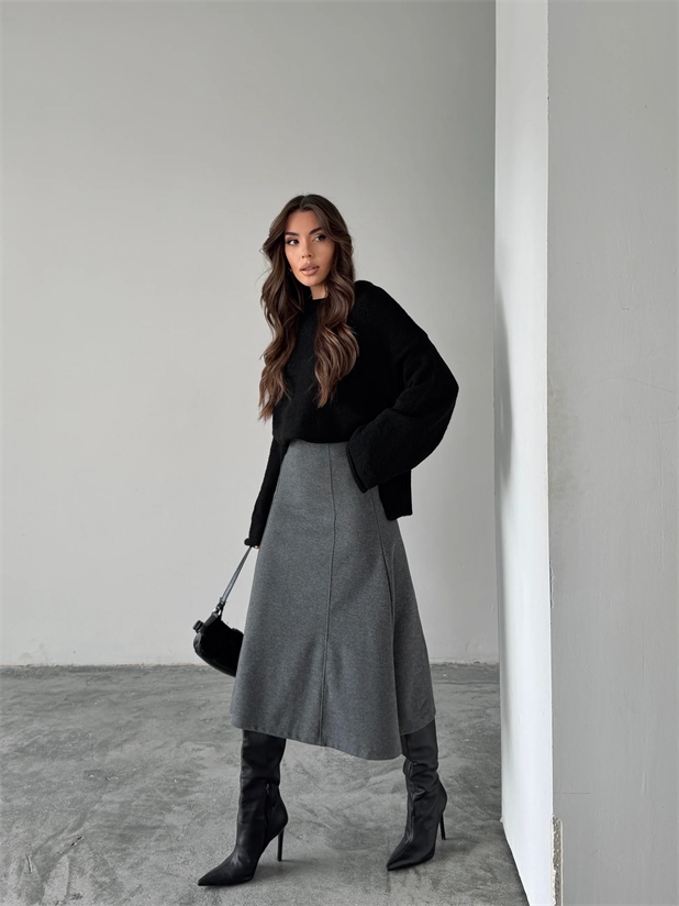 Yanları Çımalı Midi Etek - Antrasit