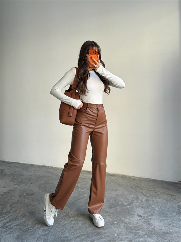 Cepli Suni Deri Pantolon - Taba