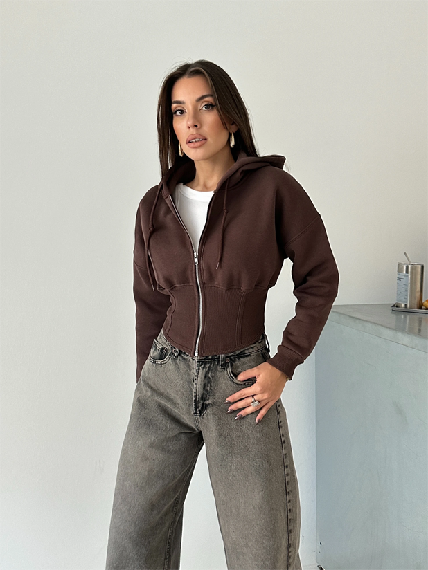 Korse Manşet Fermuarlı Sweat Hırka - Kahve